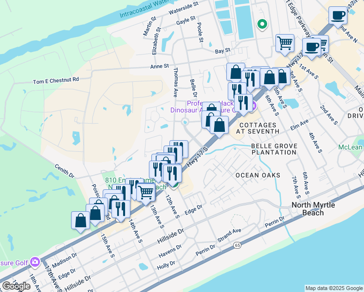map of restaurants, bars, coffee shops, grocery stores, and more near 931 Belle Drive in North Myrtle Beach