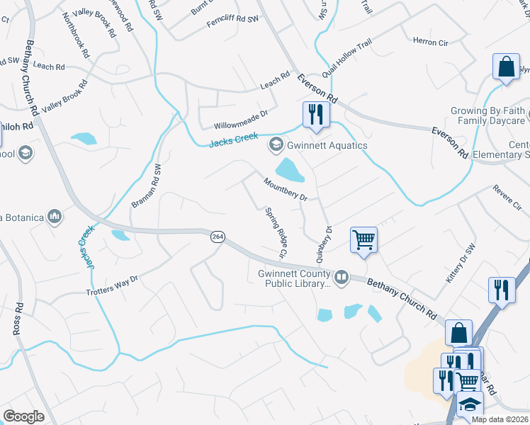 map of restaurants, bars, coffee shops, grocery stores, and more near 2821 Spring Ridge Circle in Snellville