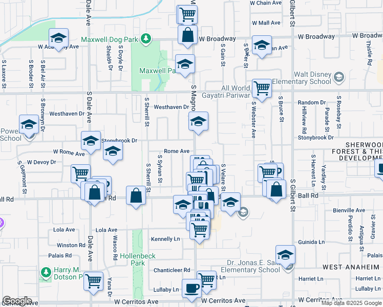 map of restaurants, bars, coffee shops, grocery stores, and more near 805 South Magnolia Avenue in Anaheim