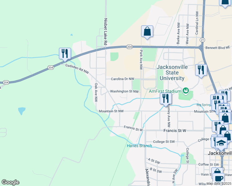 map of restaurants, bars, coffee shops, grocery stores, and more near 1000 Washington Street Northwest in Jacksonville