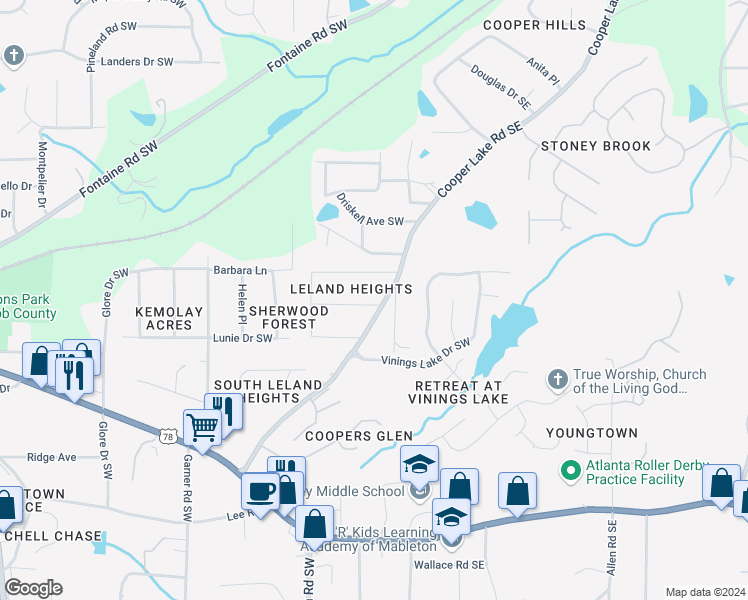 map of restaurants, bars, coffee shops, grocery stores, and more near 46 Leland Drive in Mableton