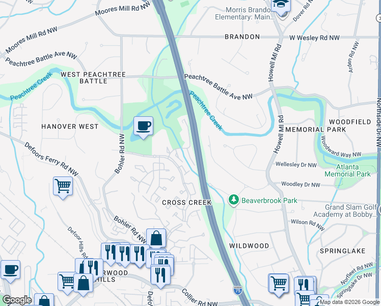map of restaurants, bars, coffee shops, grocery stores, and more near 24 Arpege Way Northwest in Atlanta