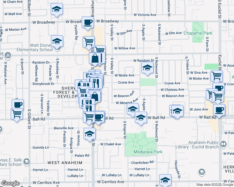 map of restaurants, bars, coffee shops, grocery stores, and more near 2121 West Beacon Avenue in Anaheim