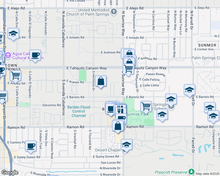 map of restaurants, bars, coffee shops, grocery stores, and more near 1466 East Baristo Road in Palm Springs