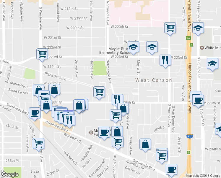 map of restaurants, bars, coffee shops, grocery stores, and more near 22603 Normandie Avenue in Torrance