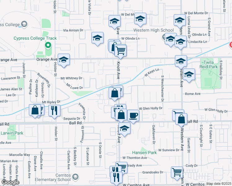 map of restaurants, bars, coffee shops, grocery stores, and more near 809 South Knott Avenue in Anaheim
