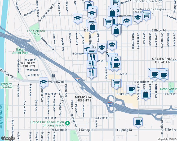 map of restaurants, bars, coffee shops, grocery stores, and more near 3505 Long Beach Boulevard in Long Beach
