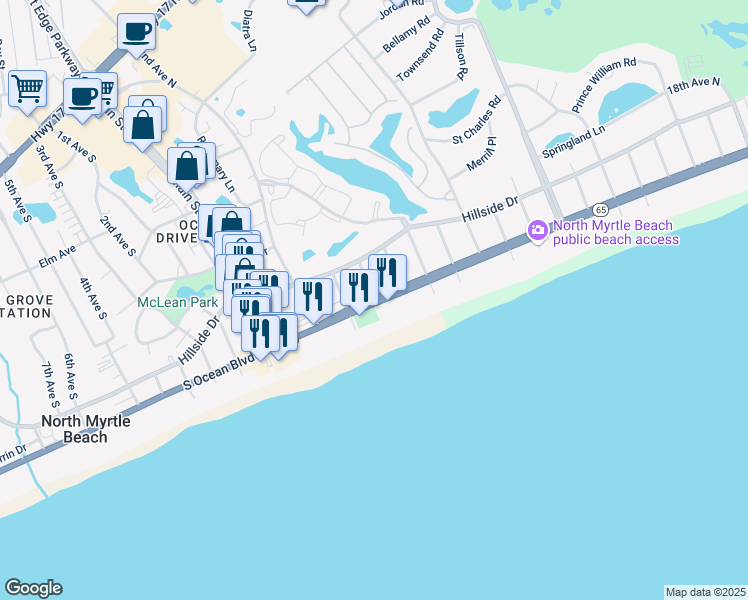 map of restaurants, bars, coffee shops, grocery stores, and more near 195 4th Avenue North in North Myrtle Beach