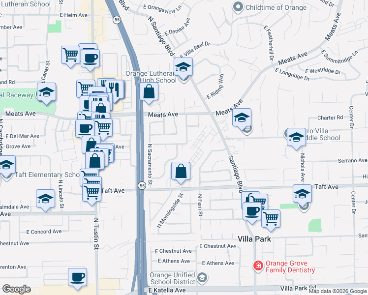 map of restaurants, bars, coffee shops, grocery stores, and more near 2404 Grove Avenue in Orange