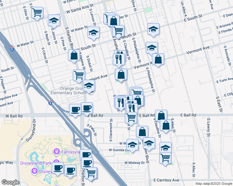 map of restaurants, bars, coffee shops, grocery stores, and more near 1016 South Lemon Street in Anaheim