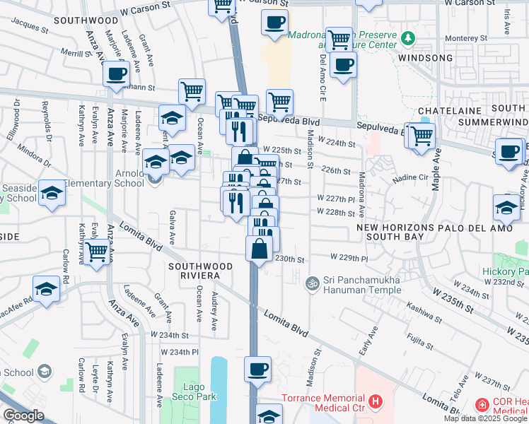 map of restaurants, bars, coffee shops, grocery stores, and more near 22760 Hawthorne Boulevard in Torrance