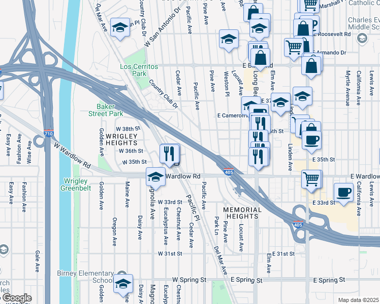 map of restaurants, bars, coffee shops, grocery stores, and more near 3500 Cedar Avenue in Long Beach