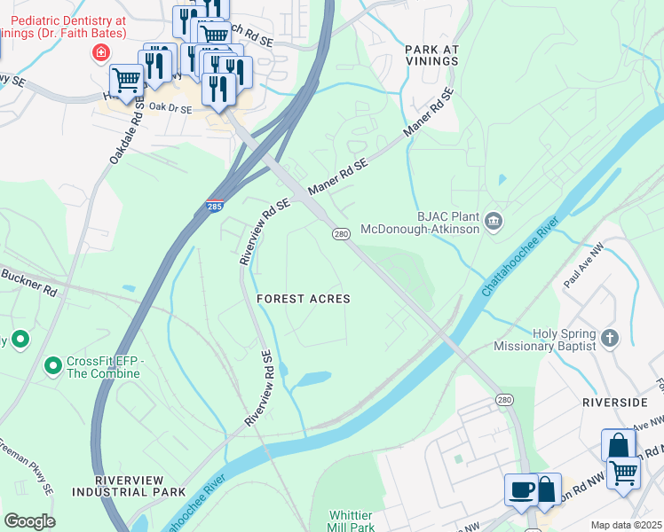 map of restaurants, bars, coffee shops, grocery stores, and more near Elmwood Circle Southeast in Atlanta
