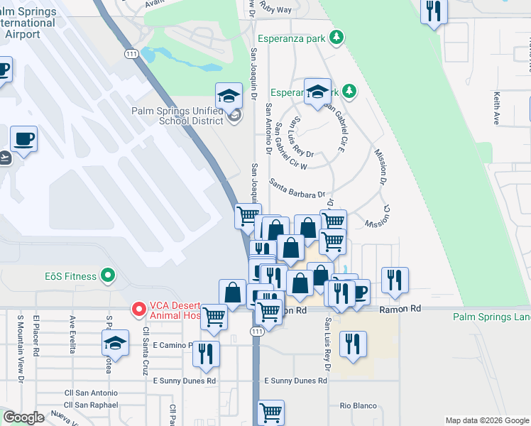 map of restaurants, bars, coffee shops, grocery stores, and more near 31392 San Joaquin Drive in Cathedral City