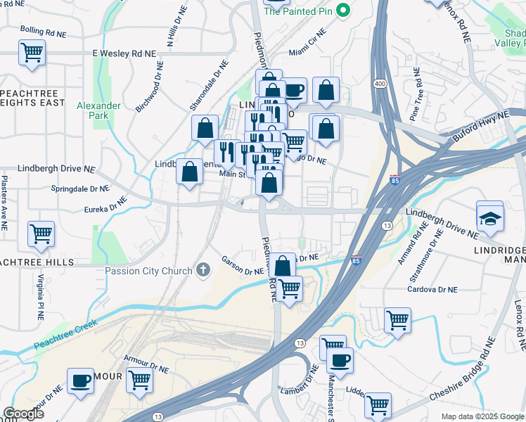 map of restaurants, bars, coffee shops, grocery stores, and more near Piedmont Rd NE & Lindbergh Way NE in Atlanta