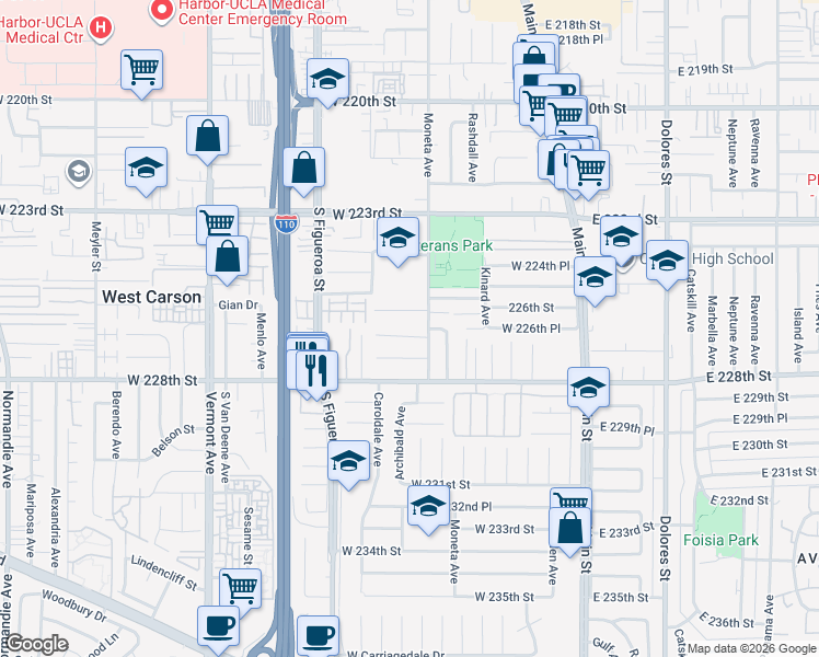 map of restaurants, bars, coffee shops, grocery stores, and more near 323 Gina Drive in Carson