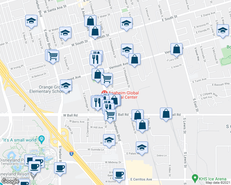 map of restaurants, bars, coffee shops, grocery stores, and more near 200 East Charlotte Avenue in Anaheim