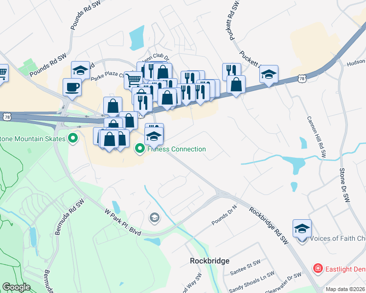 map of restaurants, bars, coffee shops, grocery stores, and more near 5246 Vivid Drive Southwest in Stone Mountain
