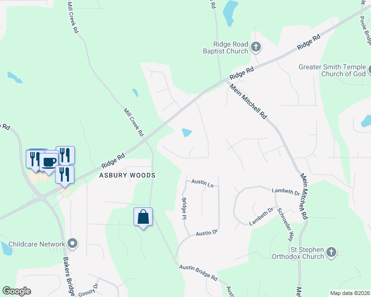 map of restaurants, bars, coffee shops, grocery stores, and more near 29 Ridge Run Court in Hiram