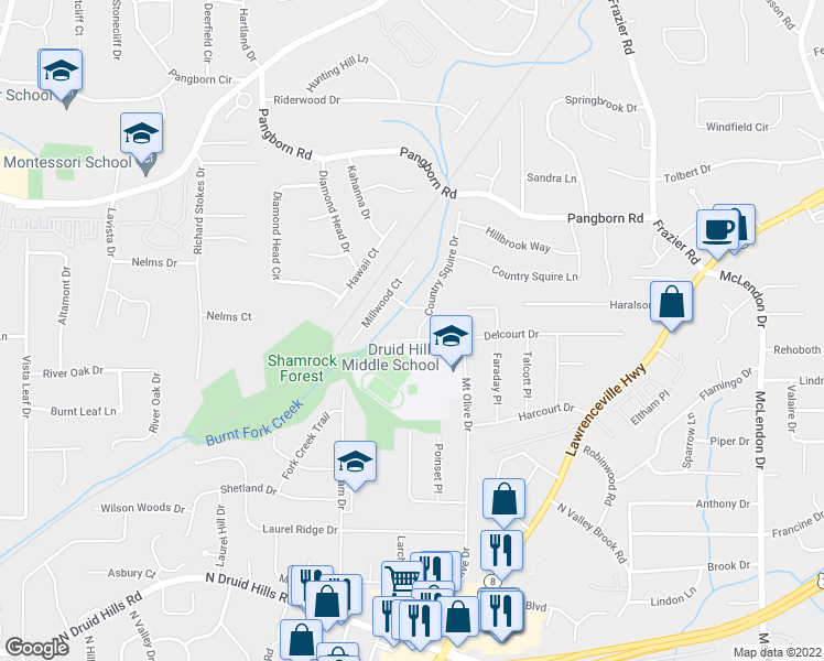 map of restaurants, bars, coffee shops, grocery stores, and more near 1364 Country Squire Drive in Decatur