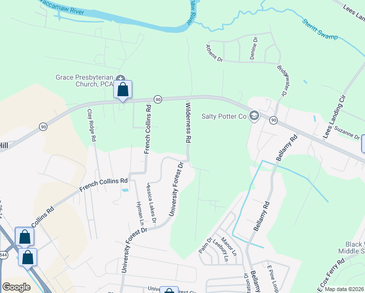 map of restaurants, bars, coffee shops, grocery stores, and more near 2148 Wilderness Road in Conway