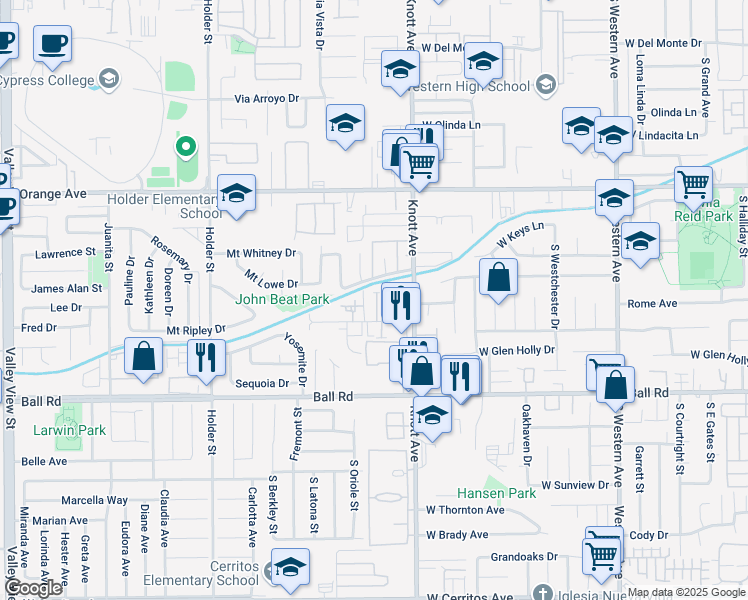 map of restaurants, bars, coffee shops, grocery stores, and more near 3539 West Savanna Street in Anaheim