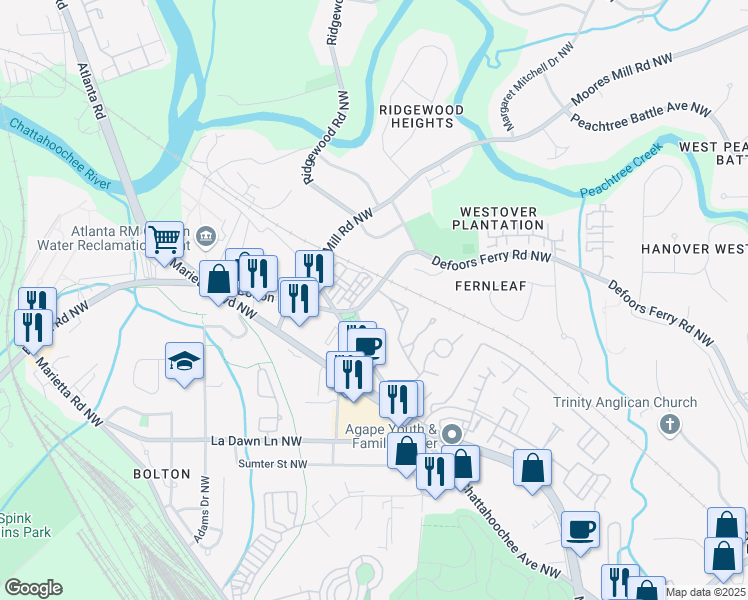 map of restaurants, bars, coffee shops, grocery stores, and more near 2834 Defoors Ferry Road Northwest in Atlanta
