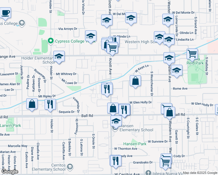 map of restaurants, bars, coffee shops, grocery stores, and more near 809 South Knott Avenue in Anaheim