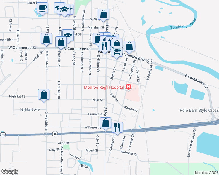 map of restaurants, bars, coffee shops, grocery stores, and more near 105 East Monroe Street in Aberdeen