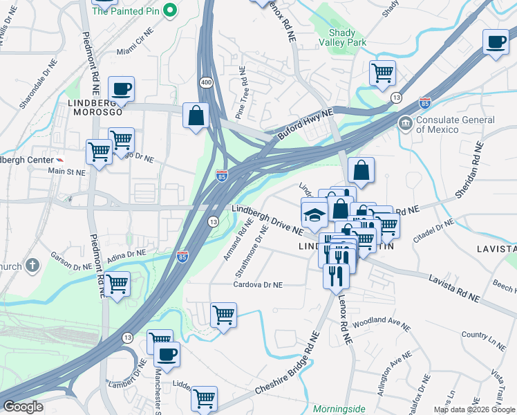 map of restaurants, bars, coffee shops, grocery stores, and more near 928 Lindridge Drive Northeast in Atlanta