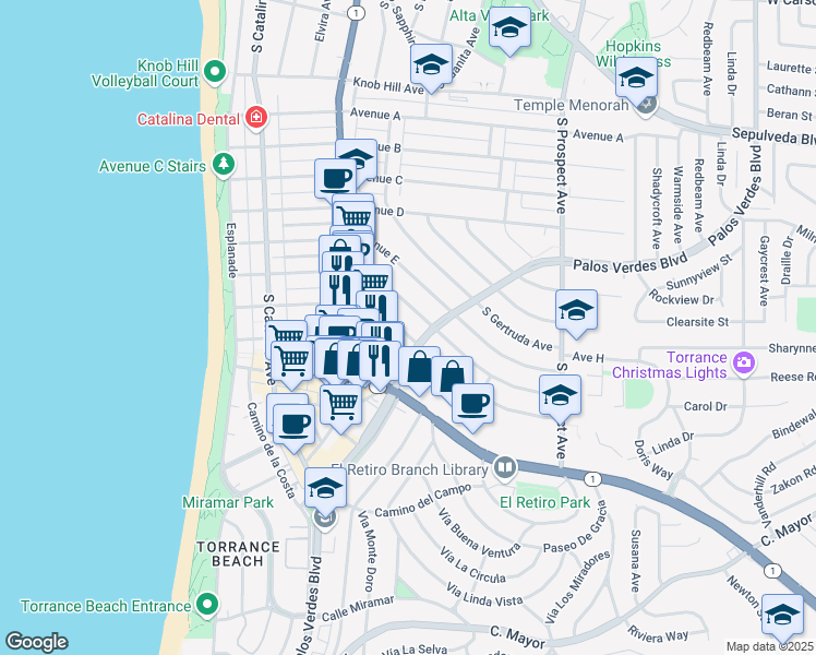 map of restaurants, bars, coffee shops, grocery stores, and more near 331 Avenue G in Redondo Beach