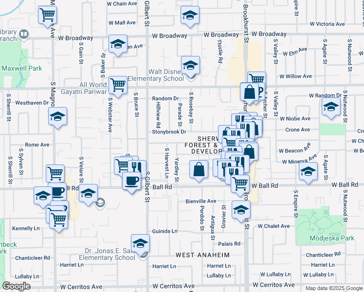 map of restaurants, bars, coffee shops, grocery stores, and more near 9672 West Colchester Drive in Anaheim