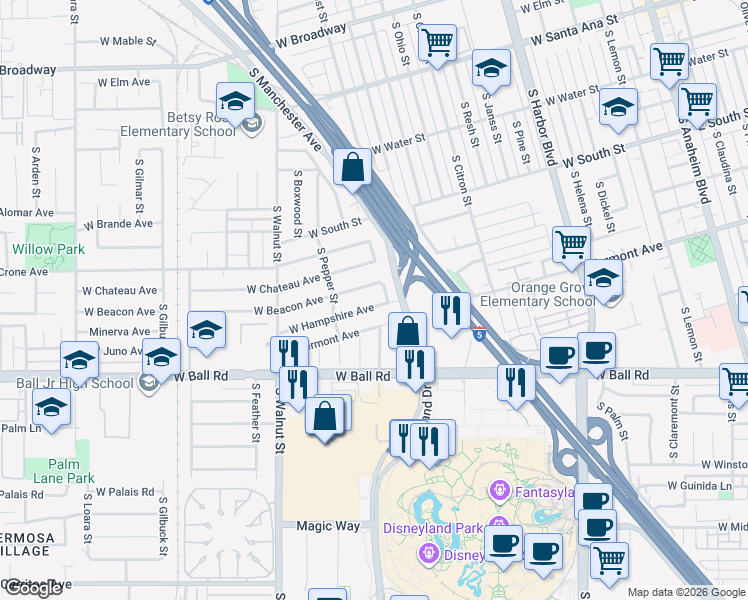 map of restaurants, bars, coffee shops, grocery stores, and more near 1125 West Hampshire Avenue in Anaheim