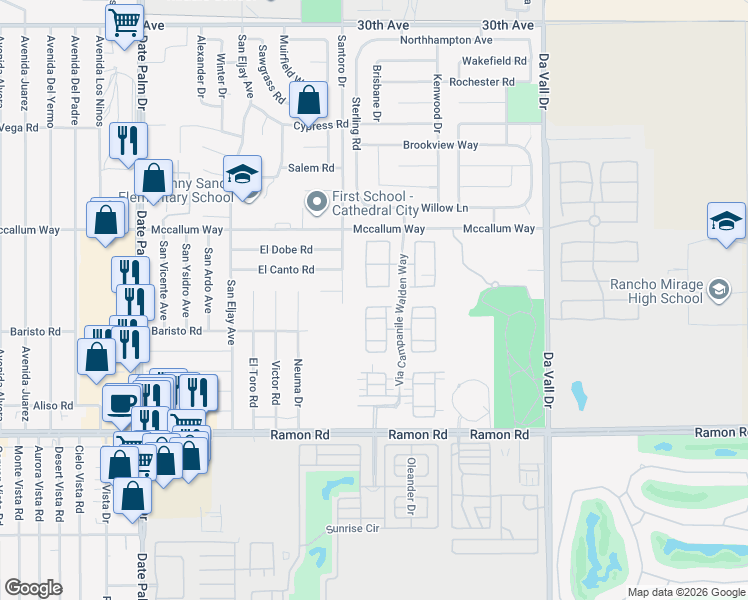 map of restaurants, bars, coffee shops, grocery stores, and more near 306 Via Napoli in Cathedral City