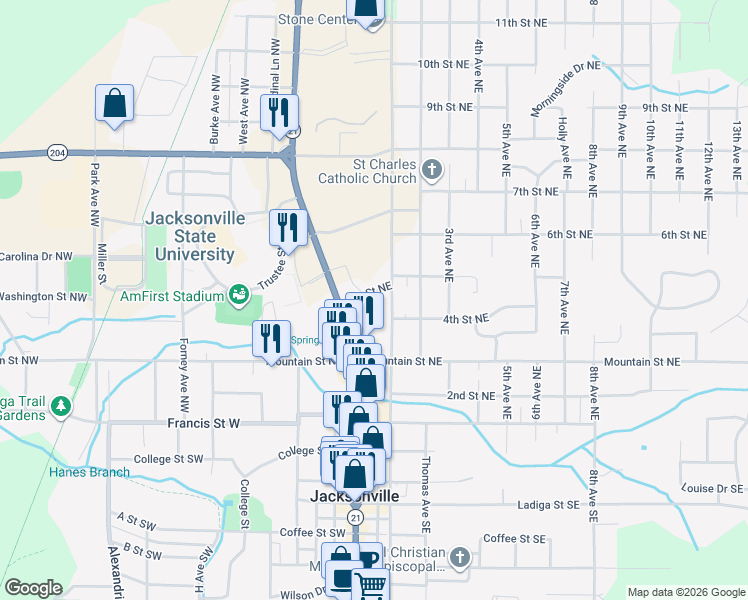 map of restaurants, bars, coffee shops, grocery stores, and more near 410 Church Avenue Northeast in Jacksonville