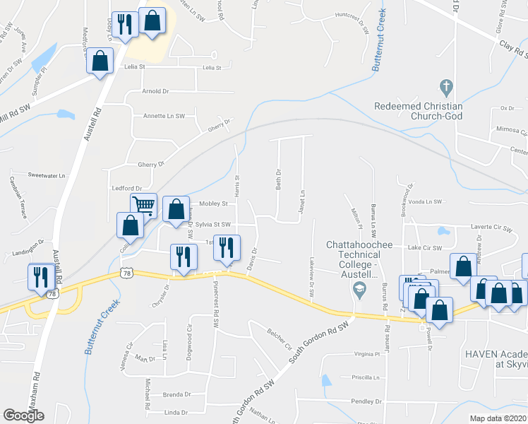 map of restaurants, bars, coffee shops, grocery stores, and more near 5495 Davis Drive in Austell
