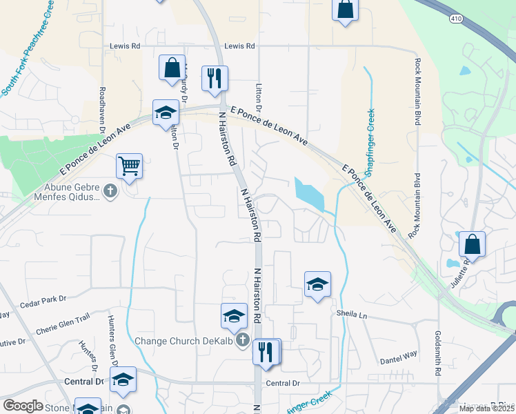 map of restaurants, bars, coffee shops, grocery stores, and more near 2 Brooks Crossing Drive in Stone Mountain