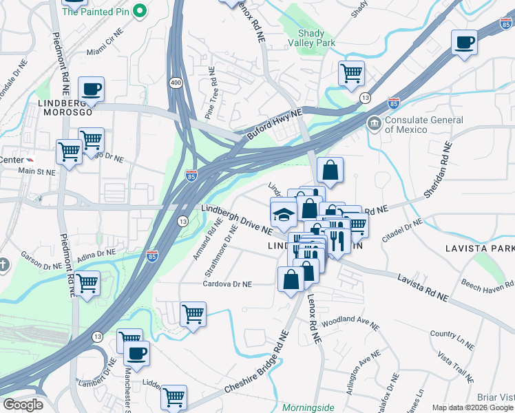 map of restaurants, bars, coffee shops, grocery stores, and more near 977 Lindridge Way Northeast in Atlanta