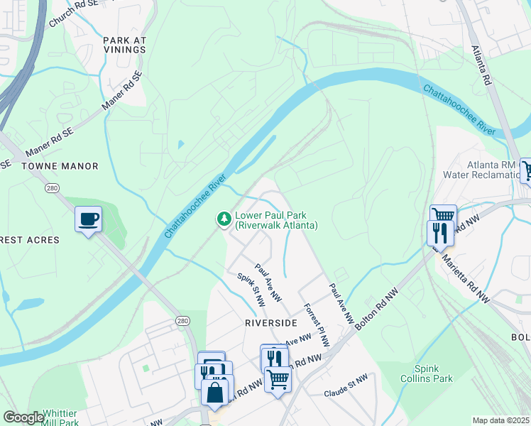map of restaurants, bars, coffee shops, grocery stores, and more near 2380 Bernard Road Northwest in Atlanta