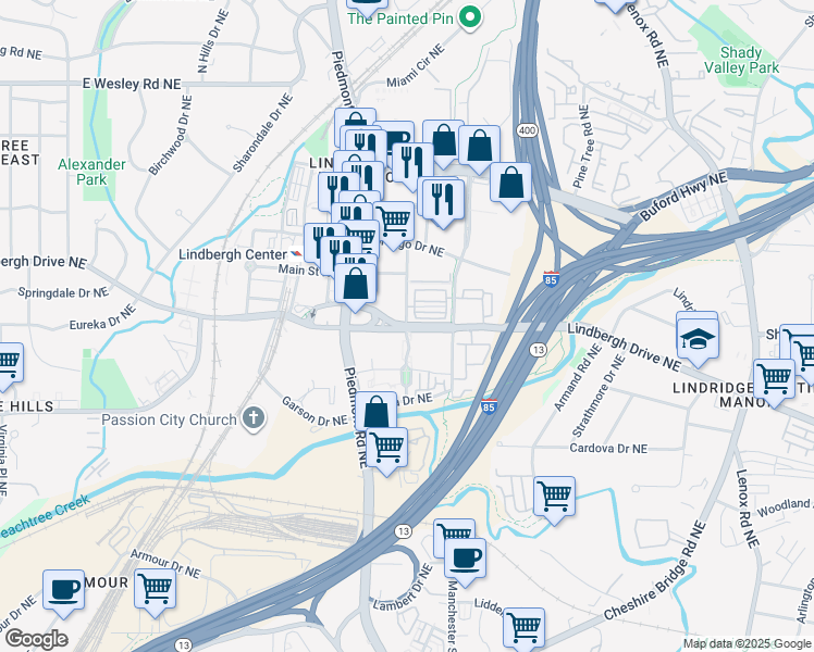 map of restaurants, bars, coffee shops, grocery stores, and more near Lindbergh Dr & Parkland Dr in Atlanta