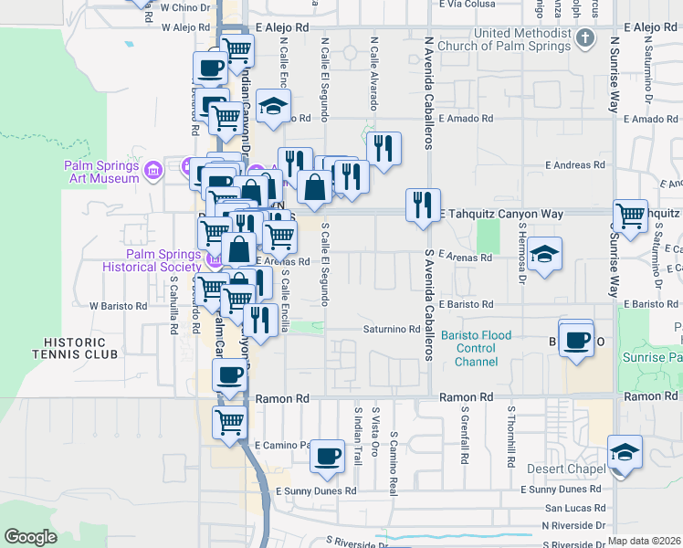 map of restaurants, bars, coffee shops, grocery stores, and more near 683 East Arenas Road in Palm Springs