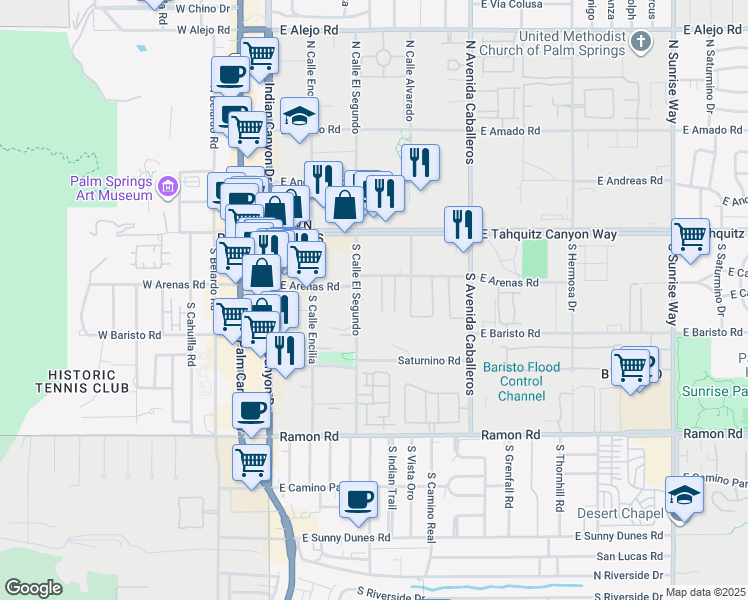 map of restaurants, bars, coffee shops, grocery stores, and more near 683 East Arenas Road in Palm Springs