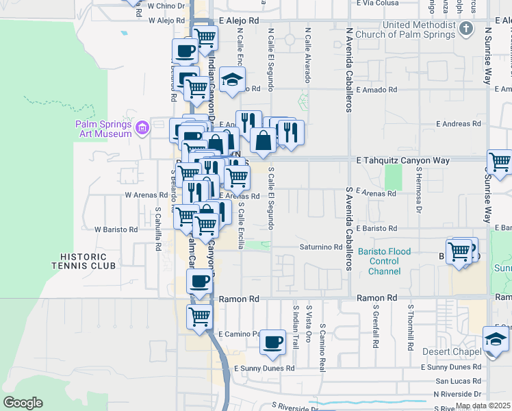 map of restaurants, bars, coffee shops, grocery stores, and more near 449 East Arenas Road in Palm Springs