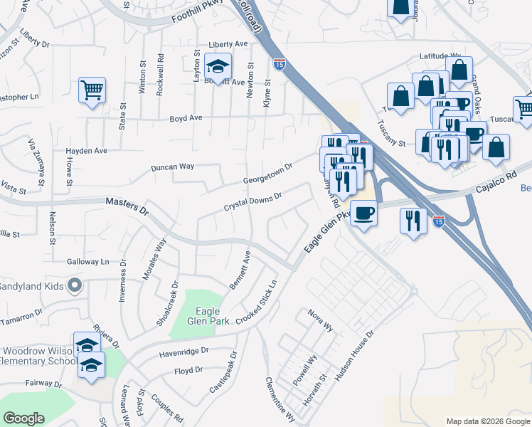 map of restaurants, bars, coffee shops, grocery stores, and more near 2009 Sawgrass Creek Lane in Corona