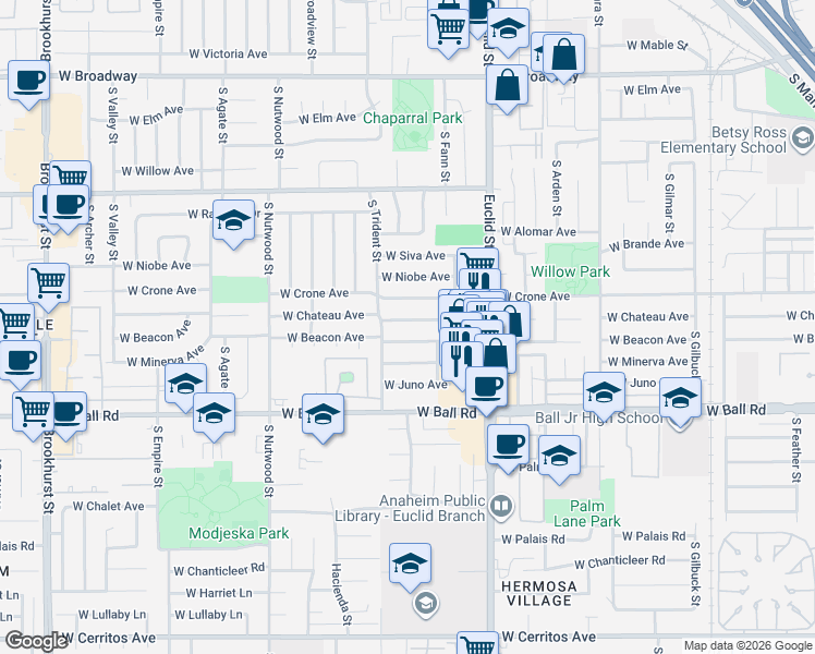 map of restaurants, bars, coffee shops, grocery stores, and more near 1777 West Beacon Avenue in Anaheim