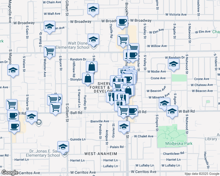 map of restaurants, bars, coffee shops, grocery stores, and more near 2249 West Vancouver Drive in Anaheim