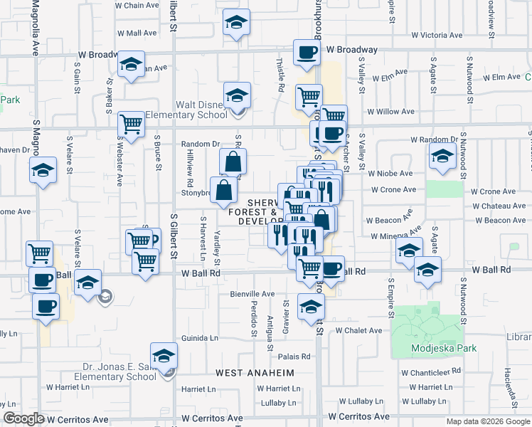 map of restaurants, bars, coffee shops, grocery stores, and more near 2249 West Vancouver Drive in Anaheim