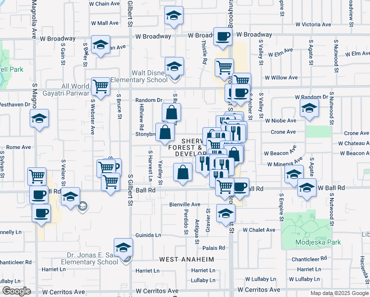 map of restaurants, bars, coffee shops, grocery stores, and more near 2279 West Vancouver Drive in Anaheim