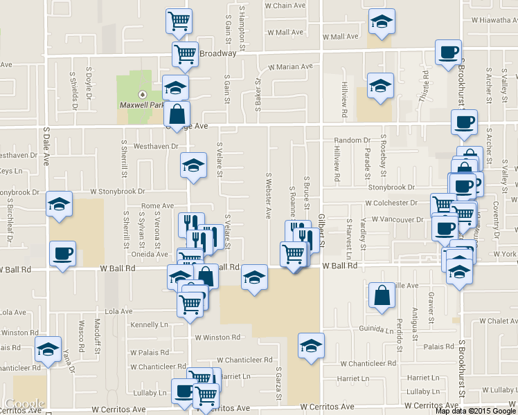 map of restaurants, bars, coffee shops, grocery stores, and more near 2500 West Merle Place in Anaheim