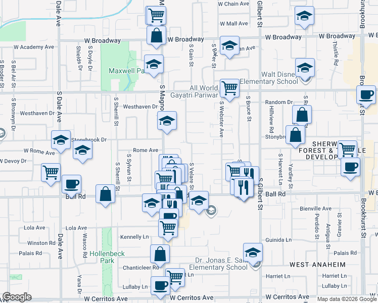map of restaurants, bars, coffee shops, grocery stores, and more near 819 South Velare Street in Anaheim